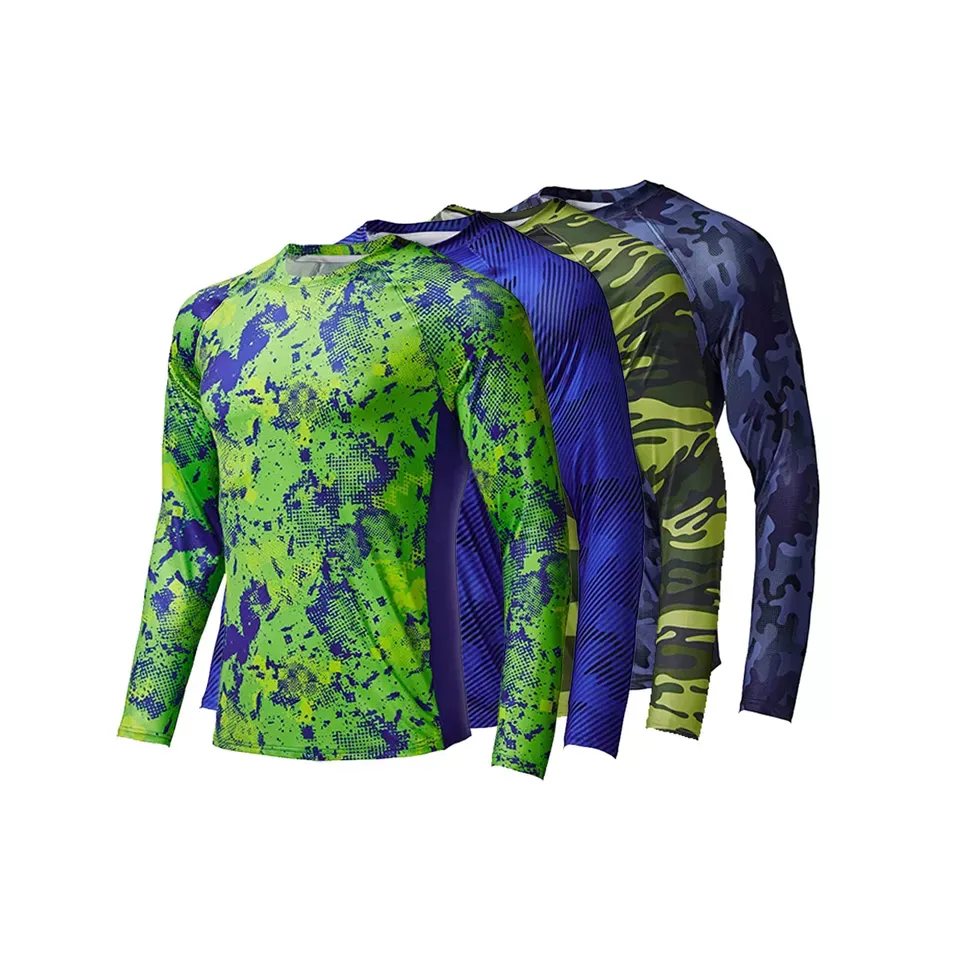 Four long-sleeve performance sun shirts with all-over printed patterns in green, blue and camo